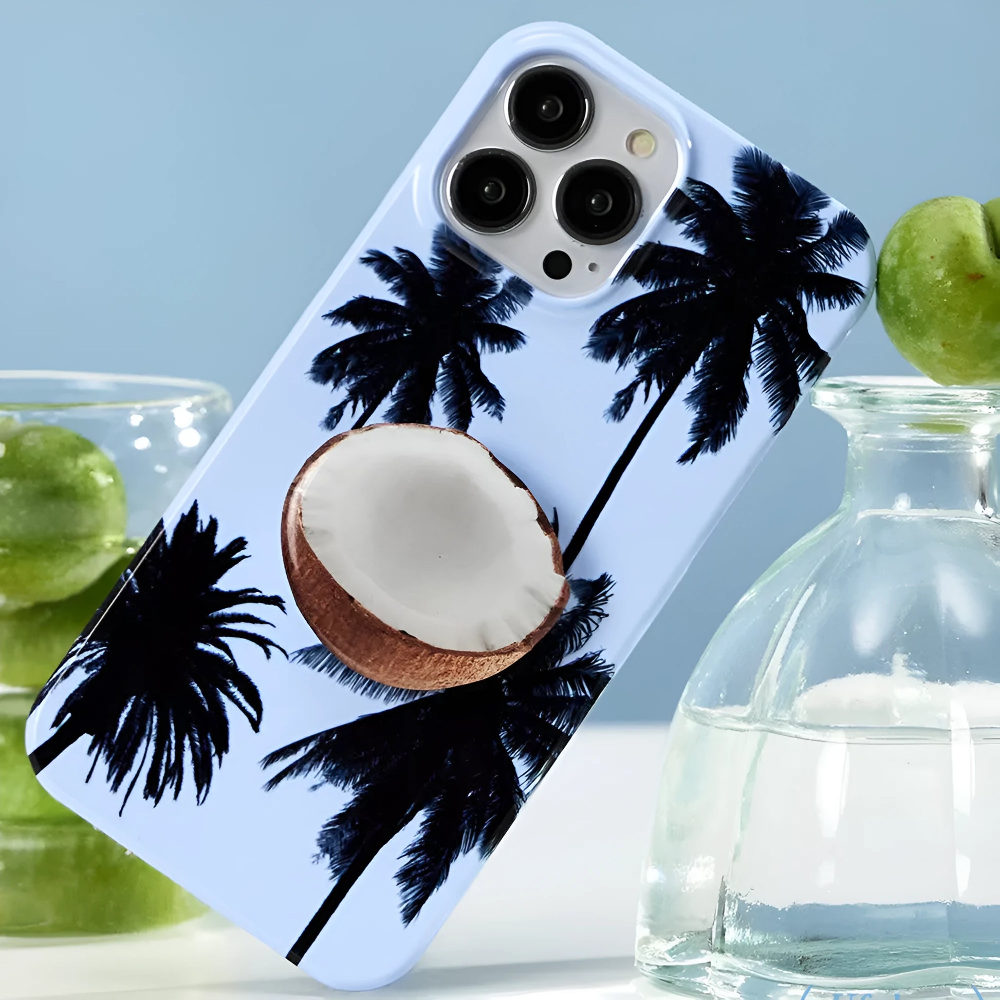 Original Summer Coconut TPU phone case for iPhone with optional bracket, shown in packaging.