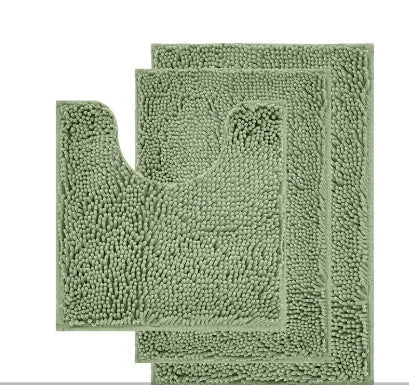 Chenille three-piece bathroom carpet set with U-shaped toilet mat, TPR backing, in green colour variations