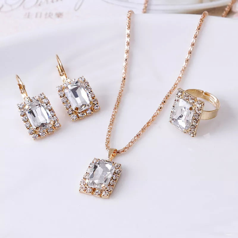 Elegant alloy crystal jewelry set with necklace, earrings, and ring in various colors
