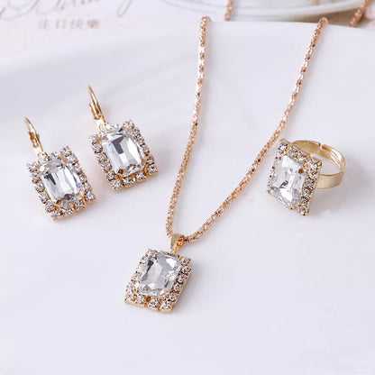 Elegant alloy crystal jewelry set with necklace, earrings, and ring in various colors