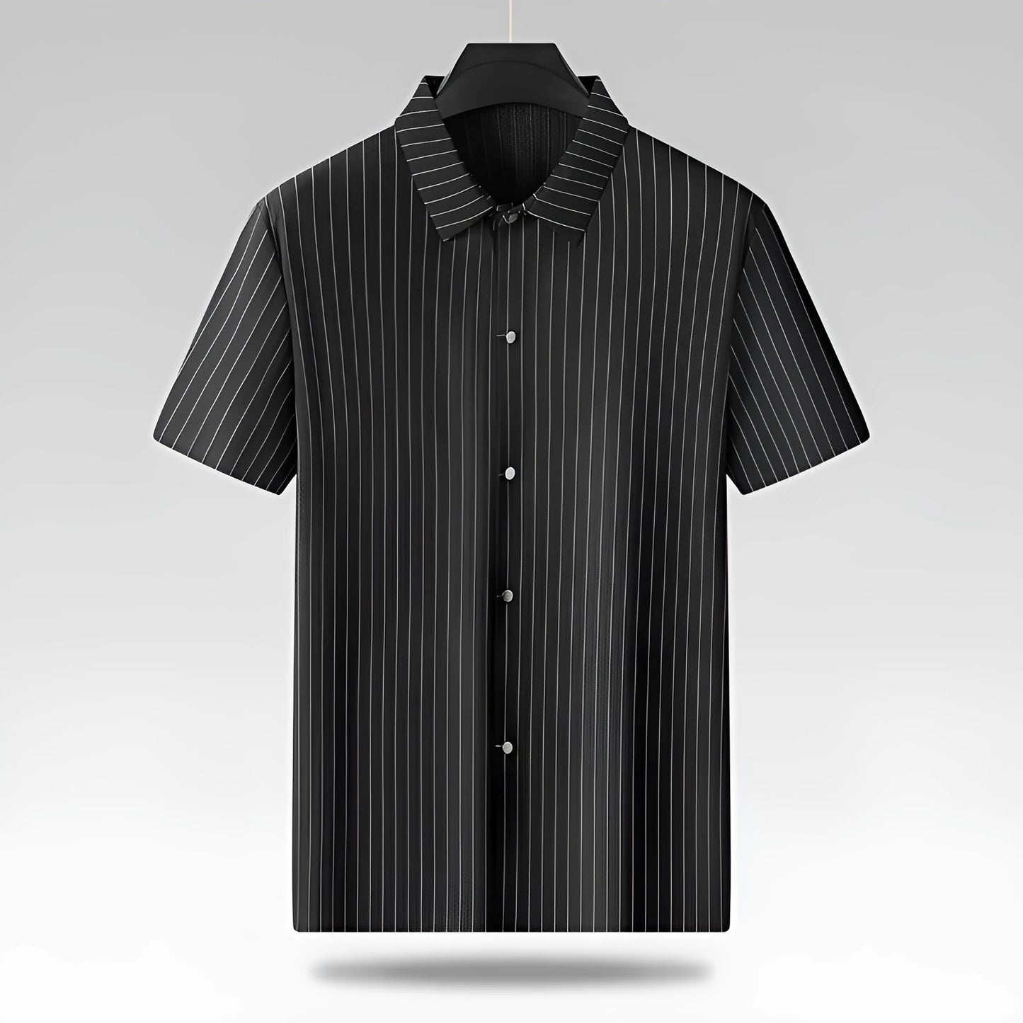 Black and khaki striped plus size men's casual shirt with a square collar, shown in a loose fit.