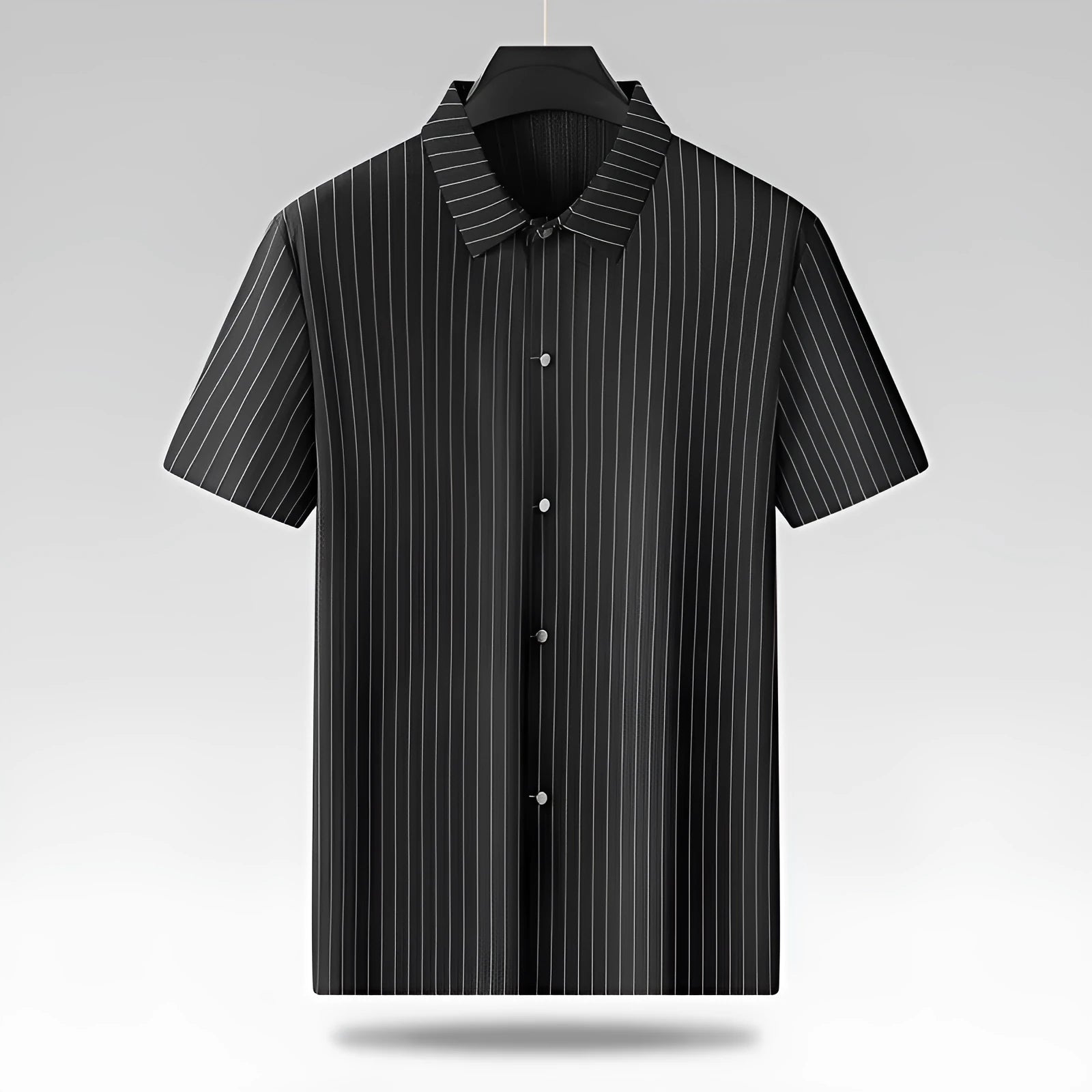 Black and khaki striped plus size men's casual shirt with a square collar, shown in a loose fit.