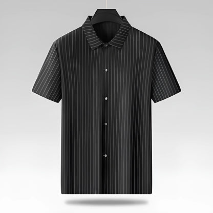 Black and khaki striped plus size men's casual shirt with a square collar, shown in a loose fit.