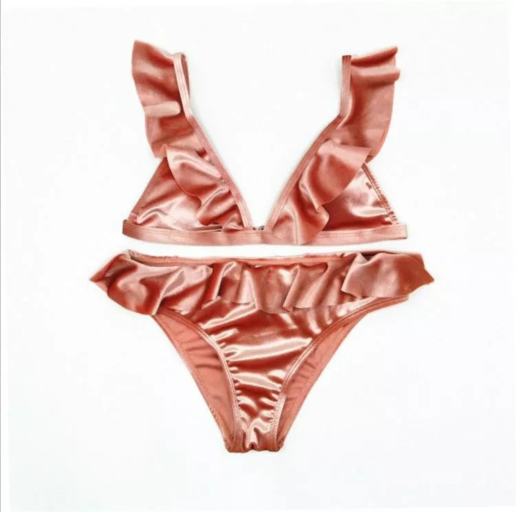 Women's Ice Velvet Ruffle Bikini Set in vibrant colors with comfortable chest pad