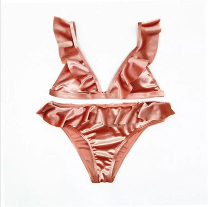 Women's Ice Velvet Ruffle Bikini Set in vibrant colors with comfortable chest pad