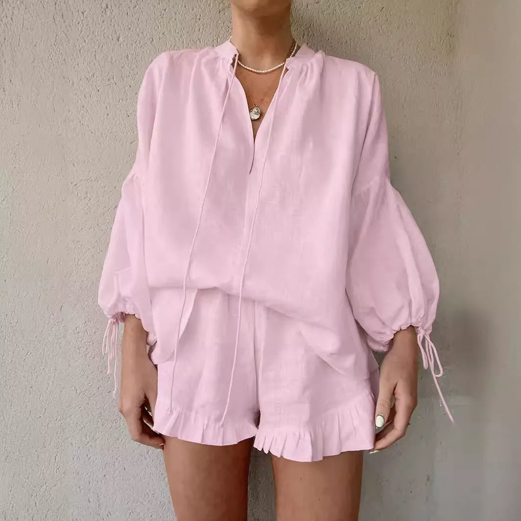 Women's lace-up V-neck lantern sleeve top and ruffled shorts set in cotton