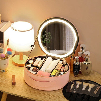 Illuminating LED Makeup Bag with adjustable 360-degree lighting, rechargeable battery, and luggage strap for on-the-go beauty