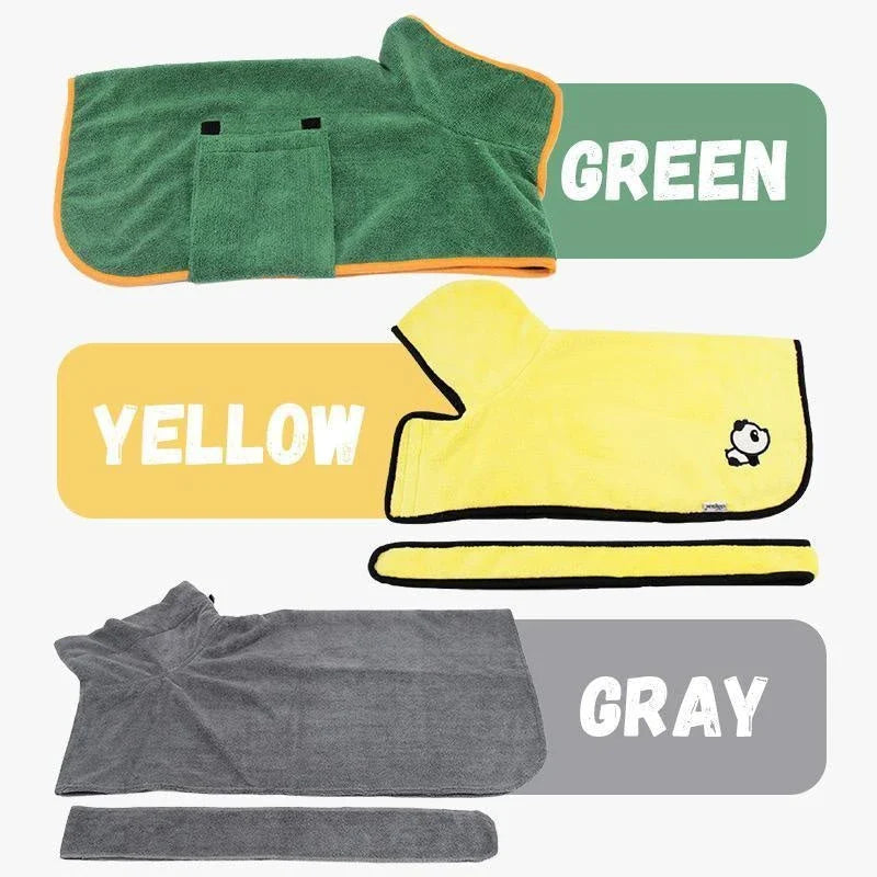 Absorbent dog bathrobe made of soft microfiber material with adjustable waist strap for a custom fit
