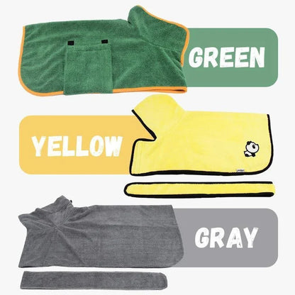 Absorbent dog bathrobe made of soft microfiber material with adjustable waist strap for a custom fit