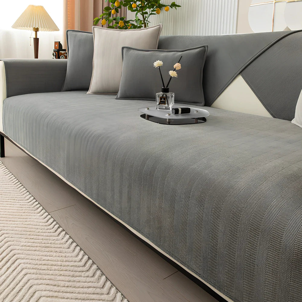 Chenille sofa cushion cover in army green with matching pillowcase on grey sofa