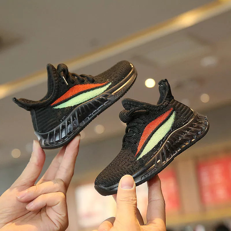 Children's breathable woven sports shoes in white, black, and pink colors