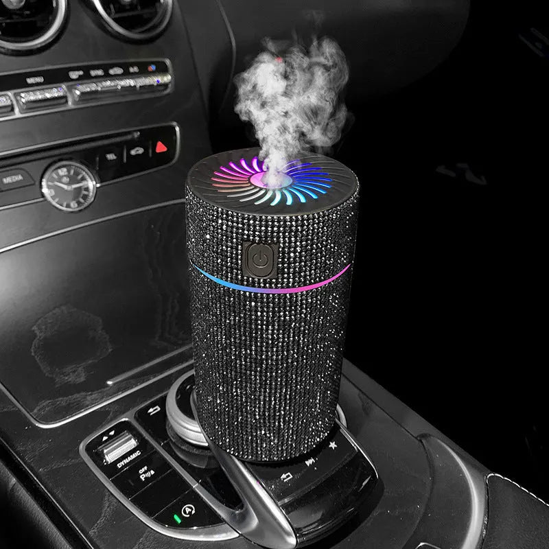 Car Mounted Air Purification Humidifier: Compact 14cm unit with 233g weight for dual moisture and air purification from your car's USB port, available in seven diamond-finish colours.