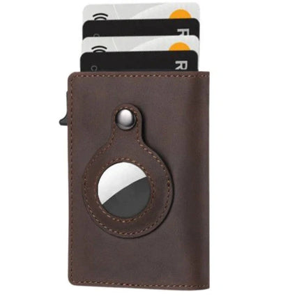 Slim leather wallet with built-in AirTag holder, featuring RFID-blocking technology and convenient card access