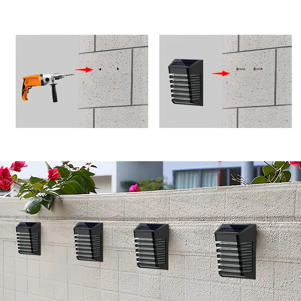 Black solar wall lamp with polycrystalline silicon panel measuring 90x20x53mm for outdoor garden lighting