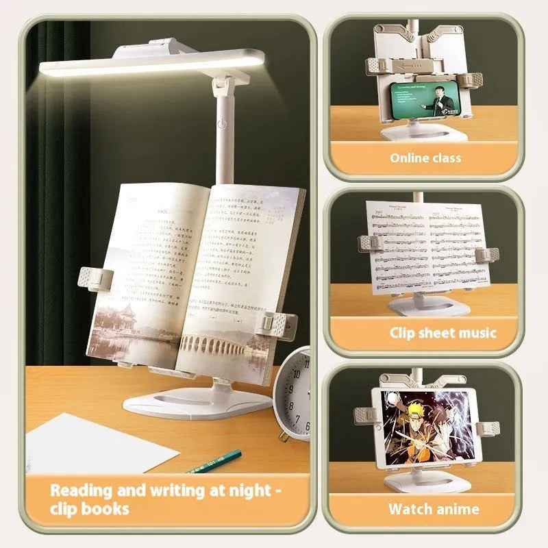Multifunctional adjustable reading table lamp with colour temperature control on a bookshelf