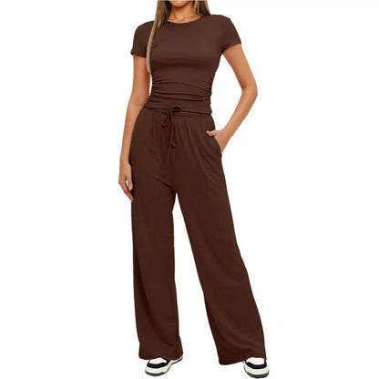 Women's 2-piece solid color yoga set with short-sleeve top and high-waisted pants
