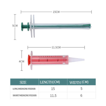 Two silicone pet pill shooters with soft tips for cat and dog medication.
