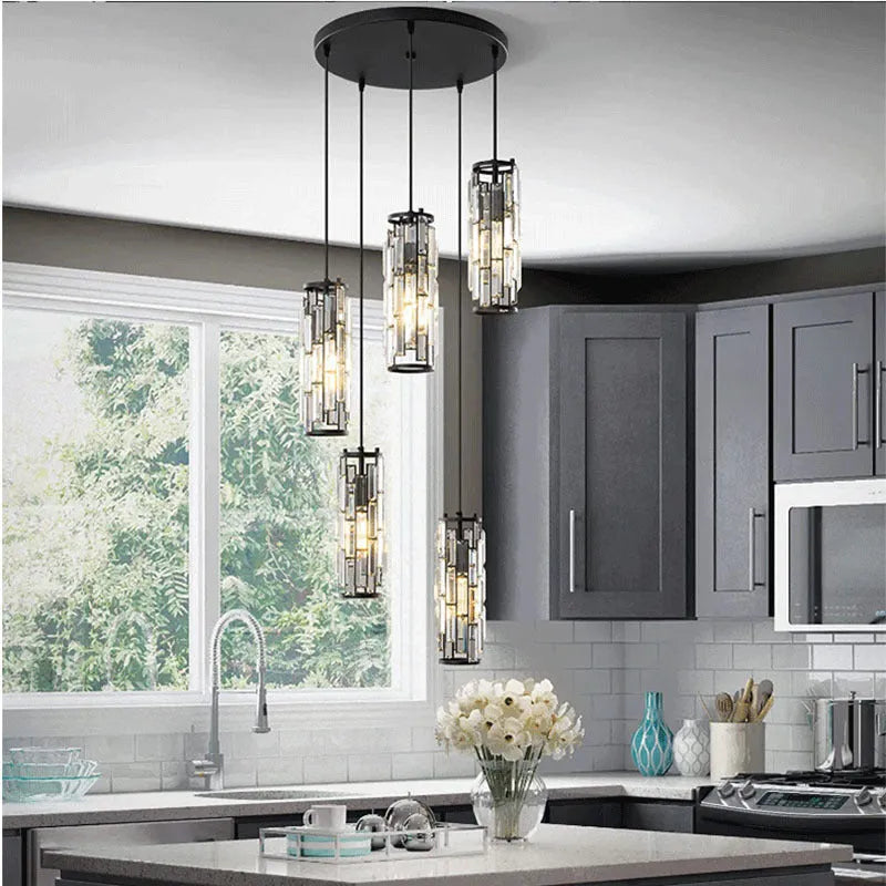 Industrial style crystal droplight with single LED head in black, gold, or chrome finish