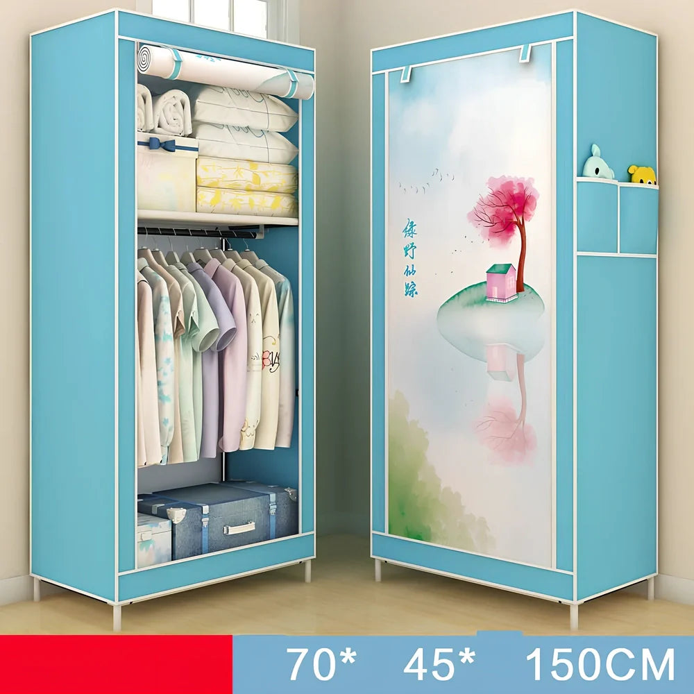 Single dormitory wardrobe with steel frame and fabric enclosure measuring 70×45×150cm