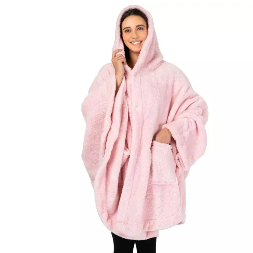 Thick hooded cloak bathrobe in polyester available in black, dark grey and pink colours