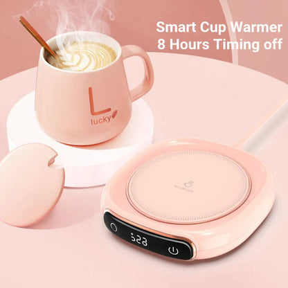 White USB coffee mug warmer heating pad on wooden desk