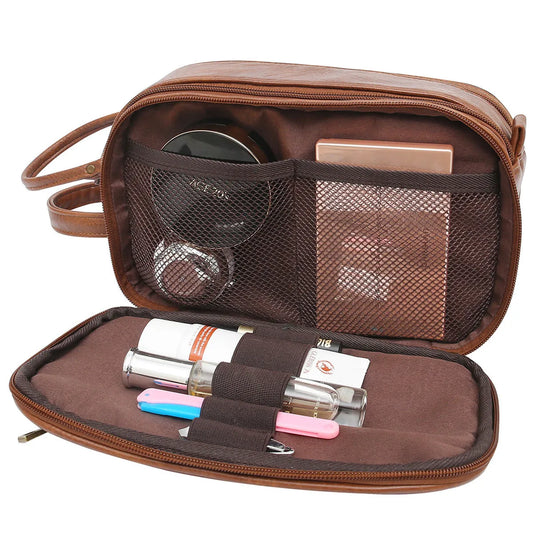 Men's black Pu toiletry bag with zippered closure for travel storage