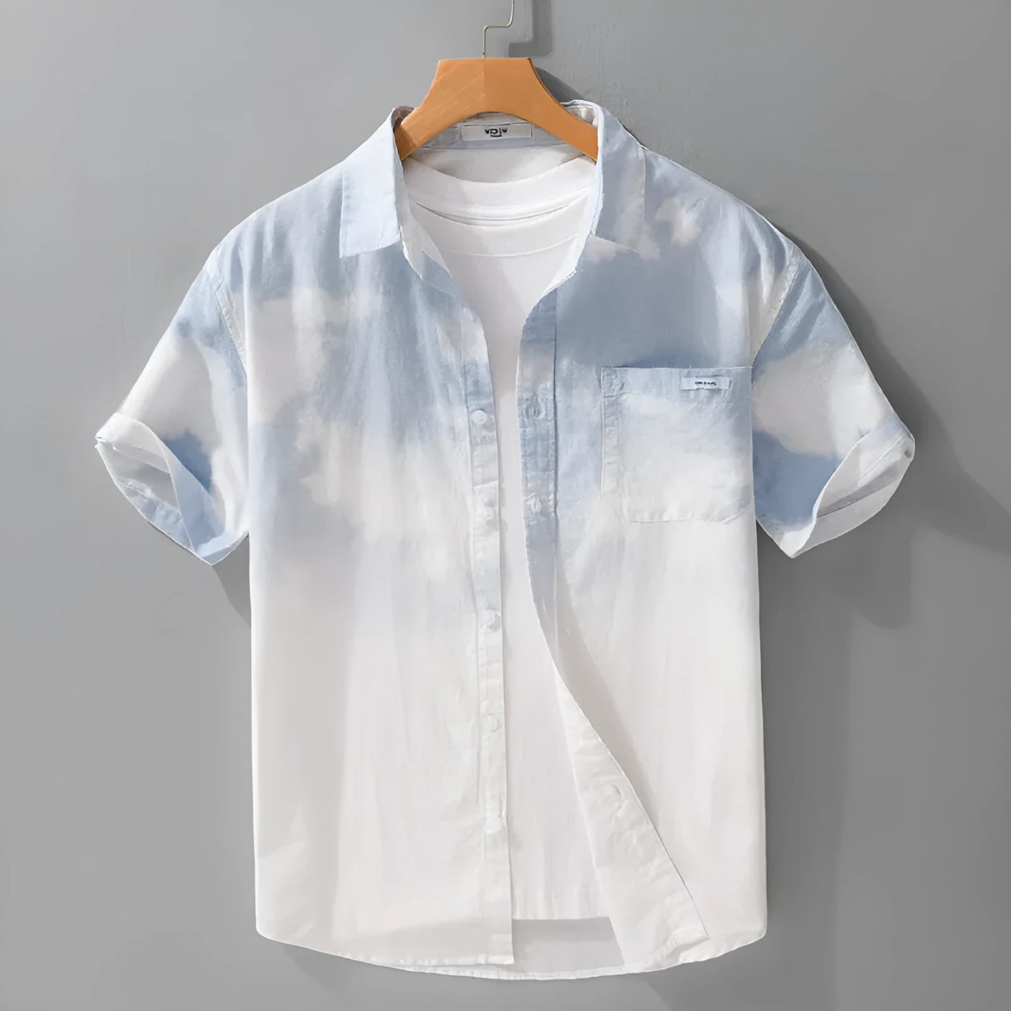 Men's light pink pure cotton short-sleeved shirt with loose cardigan styling on hanger
