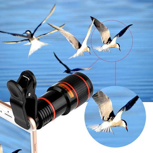 Versatile 12X zoom telescope lens clip-on accessory for smartphone cameras