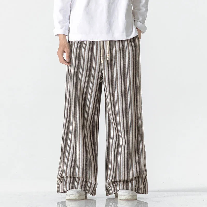 Vintage stripe loose straight mopping pants in cotton blend fabric showing straight leg and mid waist design