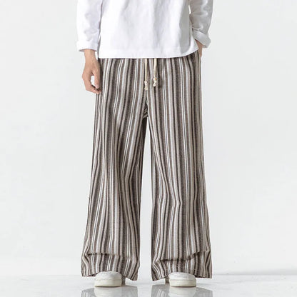 Vintage stripe loose straight mopping pants in cotton blend fabric showing straight leg and mid waist design