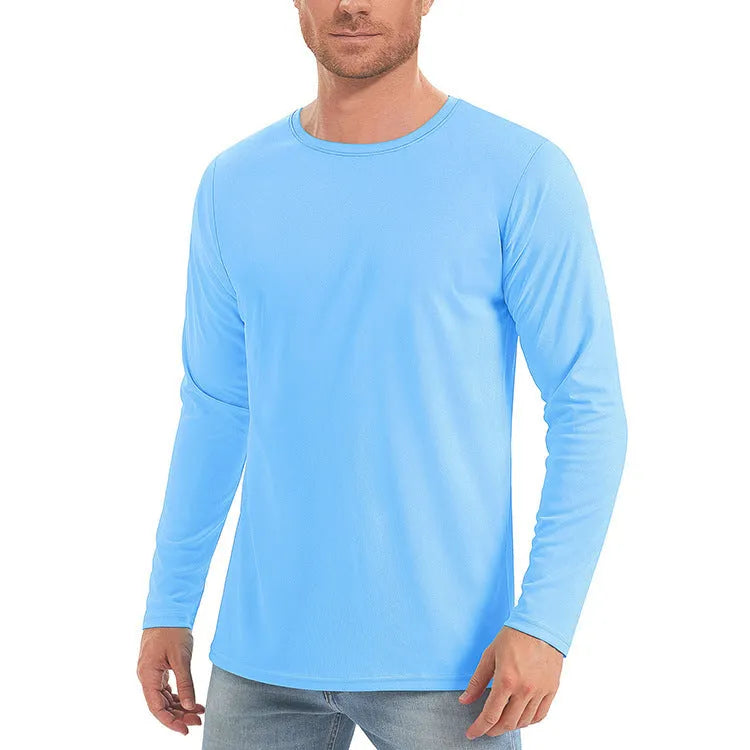 Men's long sleeve UV protection shirt in polyester fabric available in six solid colours with quick-dry properties