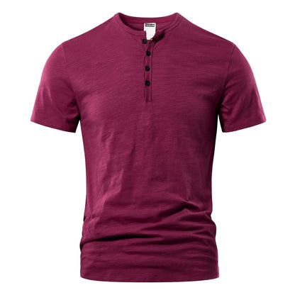 Men's slub cotton short sleeve t-shirt in denim blue colour showing British-style design and textured fabric