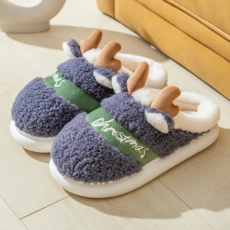 Cozy elk-themed slippers with plush suede uppers and supportive EVA soles in a variety of dreamy colors