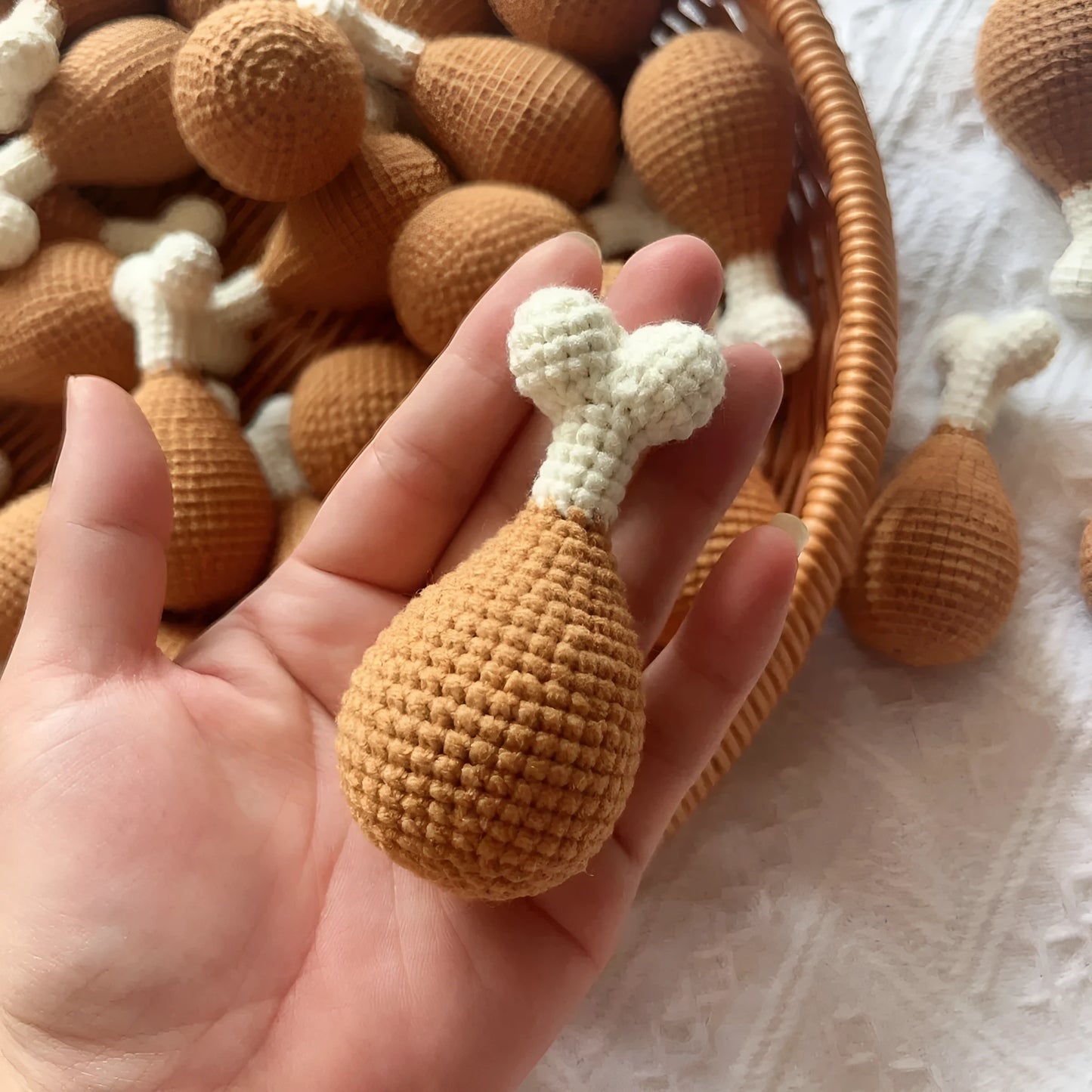 Handmade crocheted chicken leg key pendant in colourful plush, approx 8 cm long