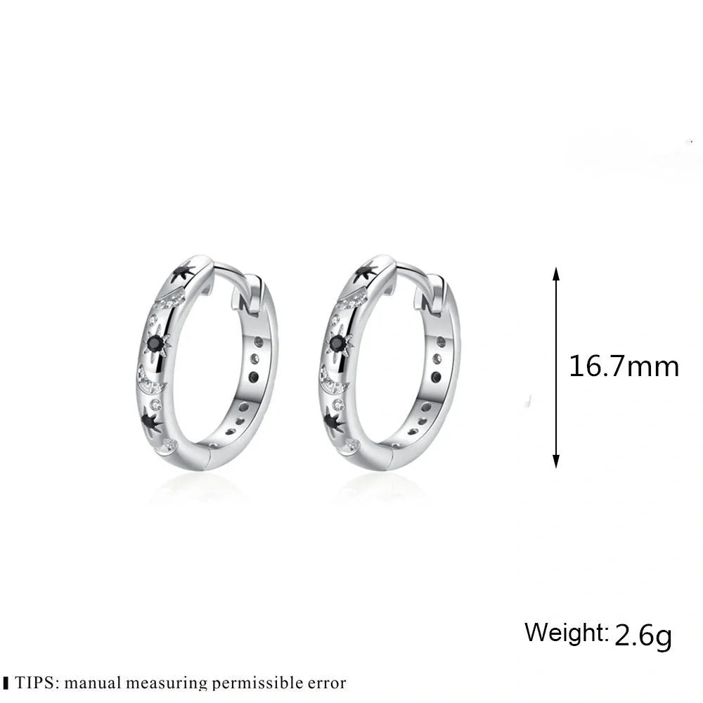 French Inlaid Zircon Star and Moon Earrings in black with celestial design