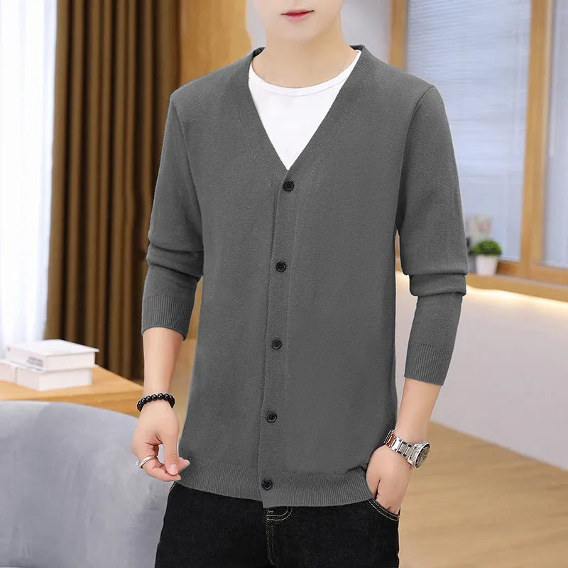 Men's thick slim fit cardigan knit jacket, long sleeve polyester, sizes M to 5XL, beige black navy blue
