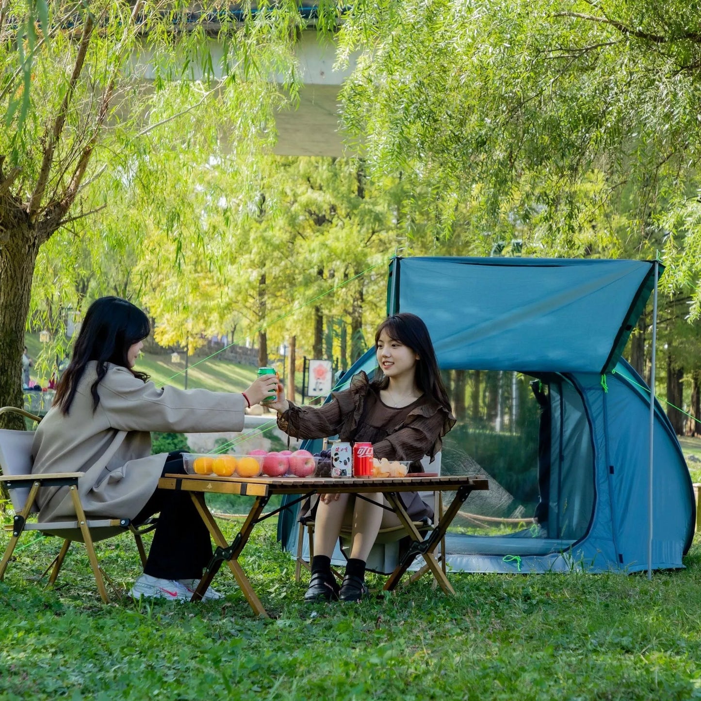 Single-Layer Automatic Speed Open Tent in dark green and brown, perfect for outdoor adventures