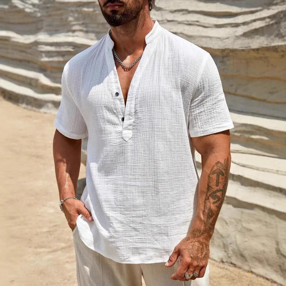 Men's solid colour short-sleeved shirt with stand collar, thin polyester blend fabric, available in black, white, light blue, khaki, navy blue, red, brown.