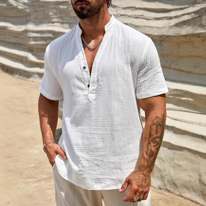 Men's solid colour short-sleeved shirt with stand collar, thin polyester blend fabric, available in black, white, light blue, khaki, navy blue, red, brown.
