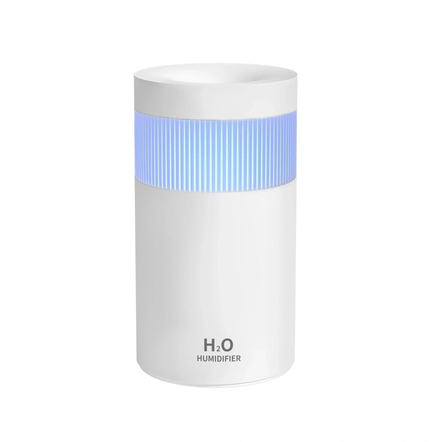 Grey mini USB humidifier measuring 73x73x132mm with water tank and seven-colour light display