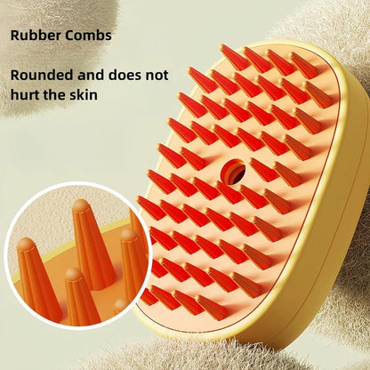 White or yellow pet steam brush with silicone comb teeth, rechargeable spray, and water tank for grooming cats and dogs