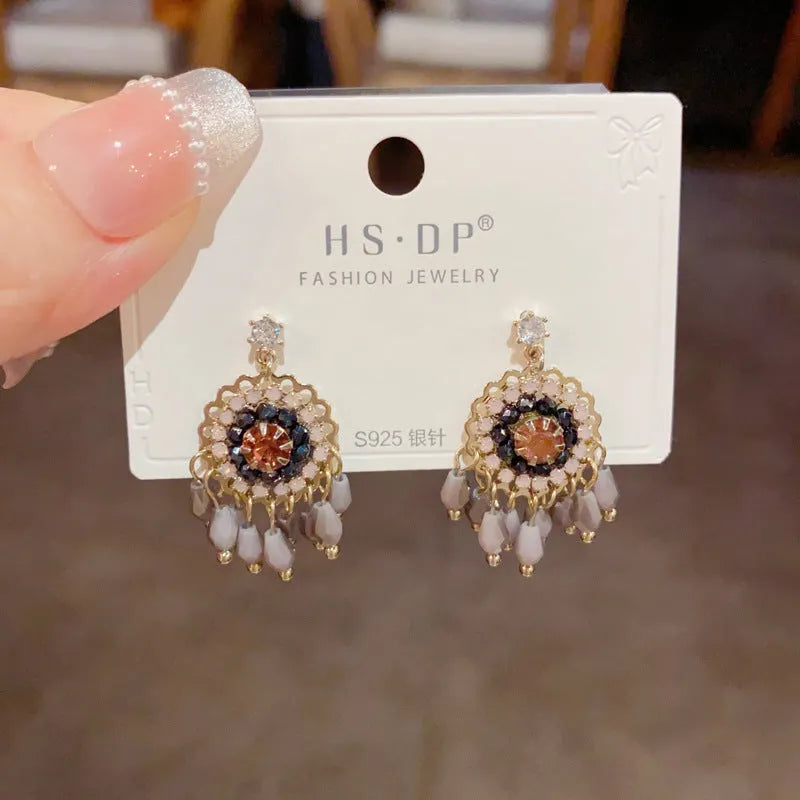 Diamond Embedded Round Crystal Tassel Earrings for Women - Gold Plated Copper Geometric Earrings with Linear Crystal Accents in Blue or Purple