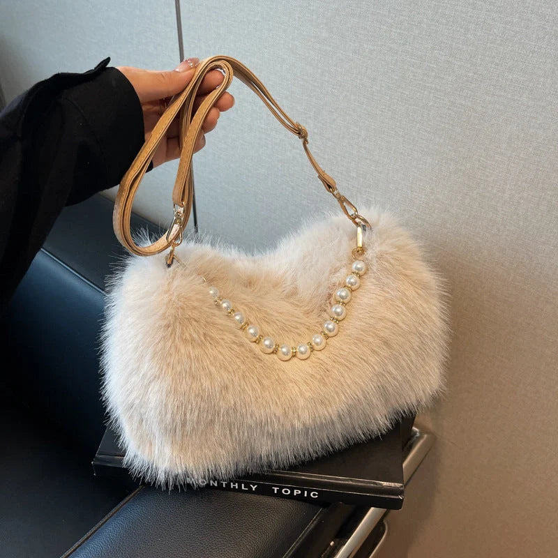 Stylish women's pearl chain crossbody bag in various colors for autumn and winter fashion