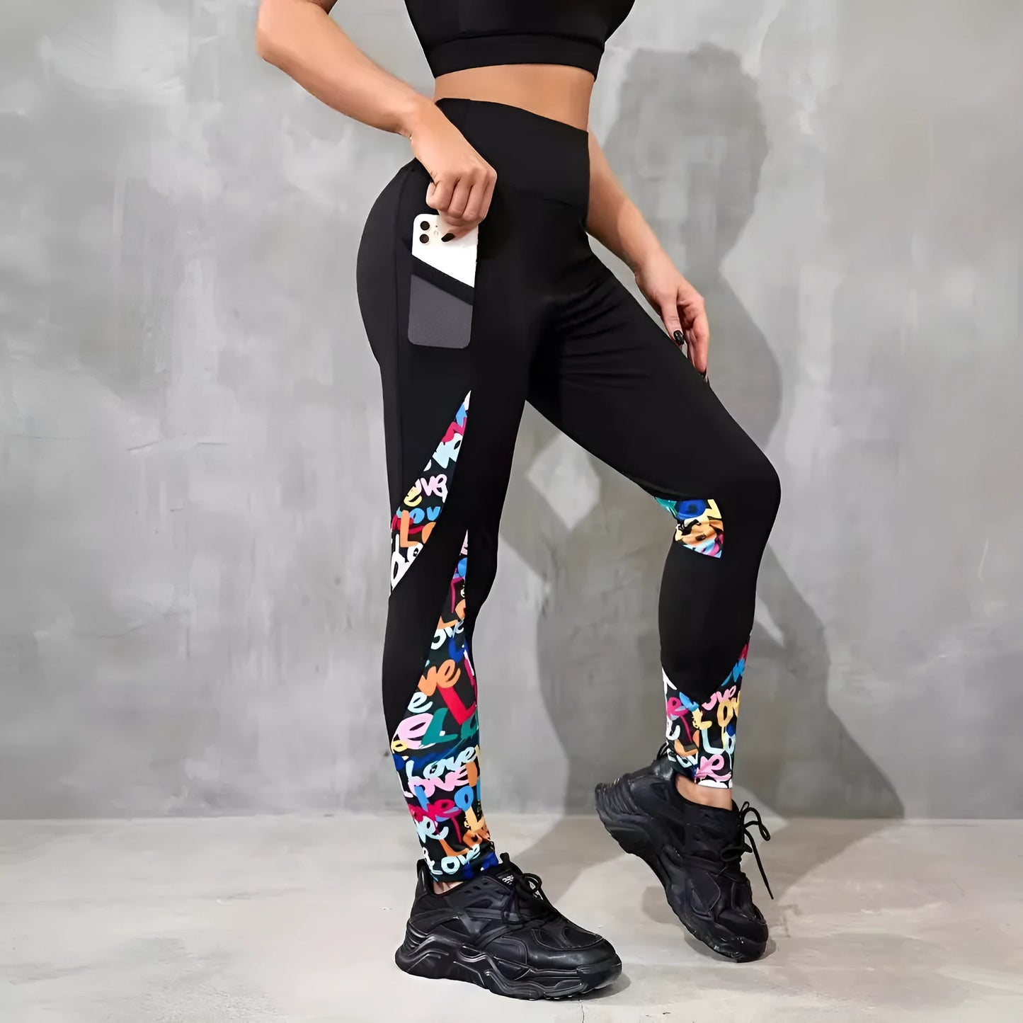 Women's polyester yoga leggings with high-waist design and contrast patchwork patterns in various animal print styles