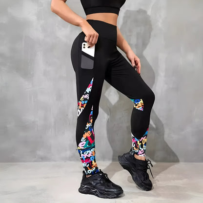 Women's polyester yoga leggings with high-waist design and contrast patchwork patterns in various animal print styles