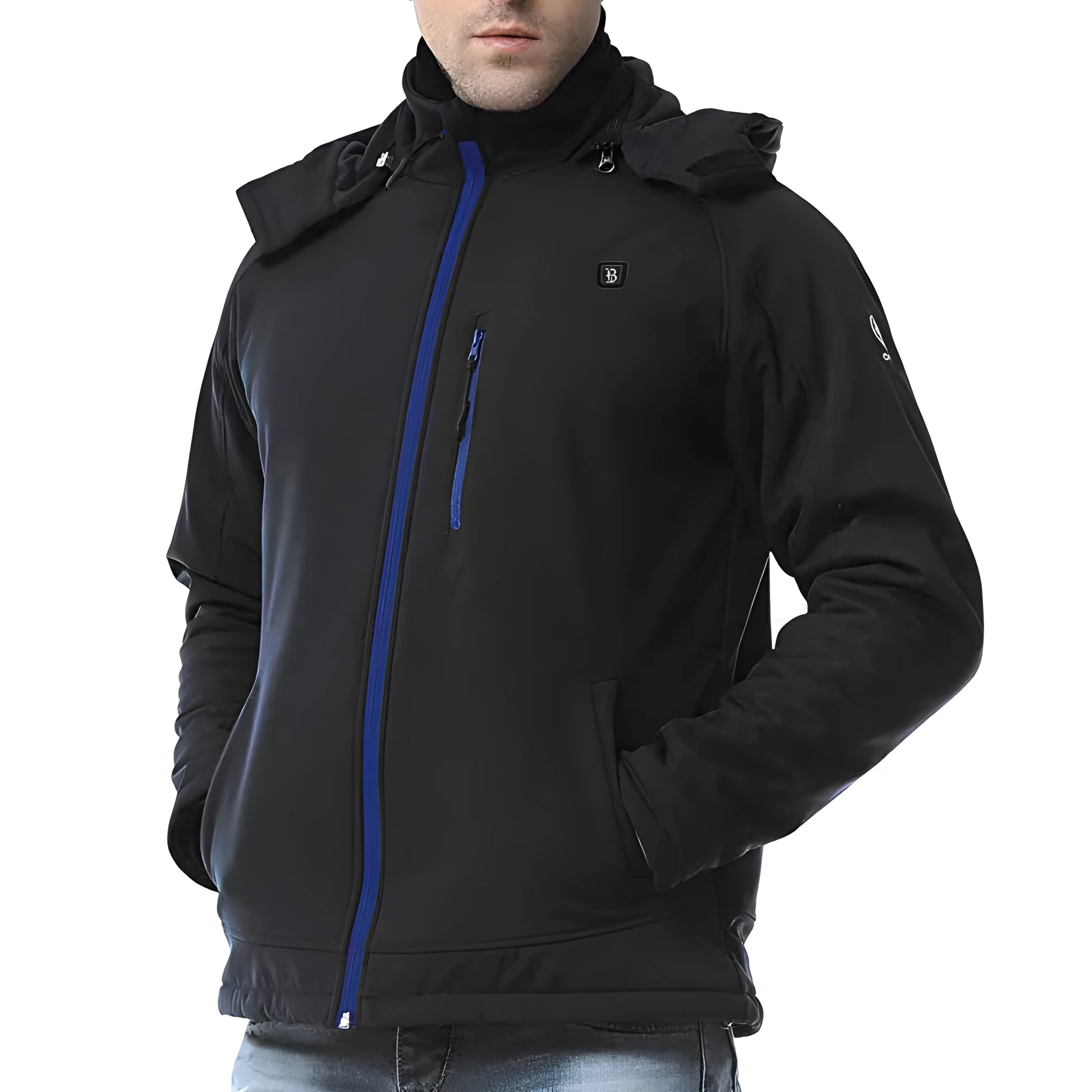 Black men's USB heated waterproof windproof thermal coat with long sleeves and straight hem