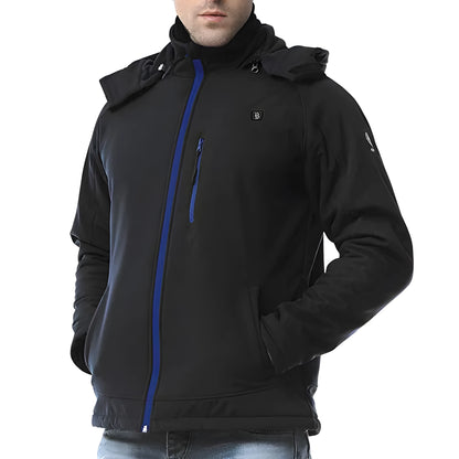 Black men's USB heated waterproof windproof thermal coat with long sleeves and straight hem