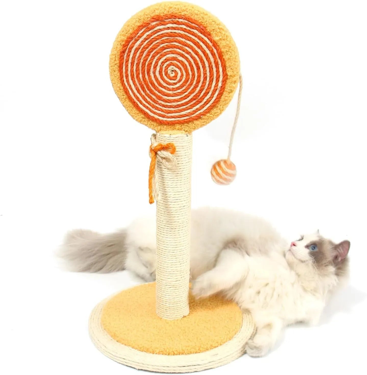 Blue cat scratching post with sisal rope and a hanging ball on a sturdy wooden base.