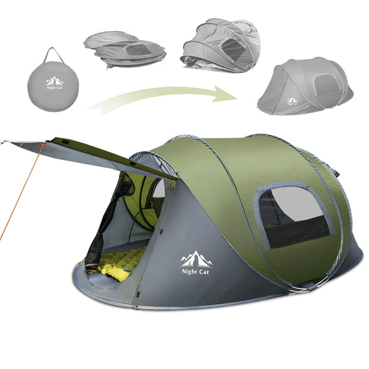 Dark green automatic pop-up camping tent set up in woodland with 2.9m length and 1.15m height showing rainfly and inner tent