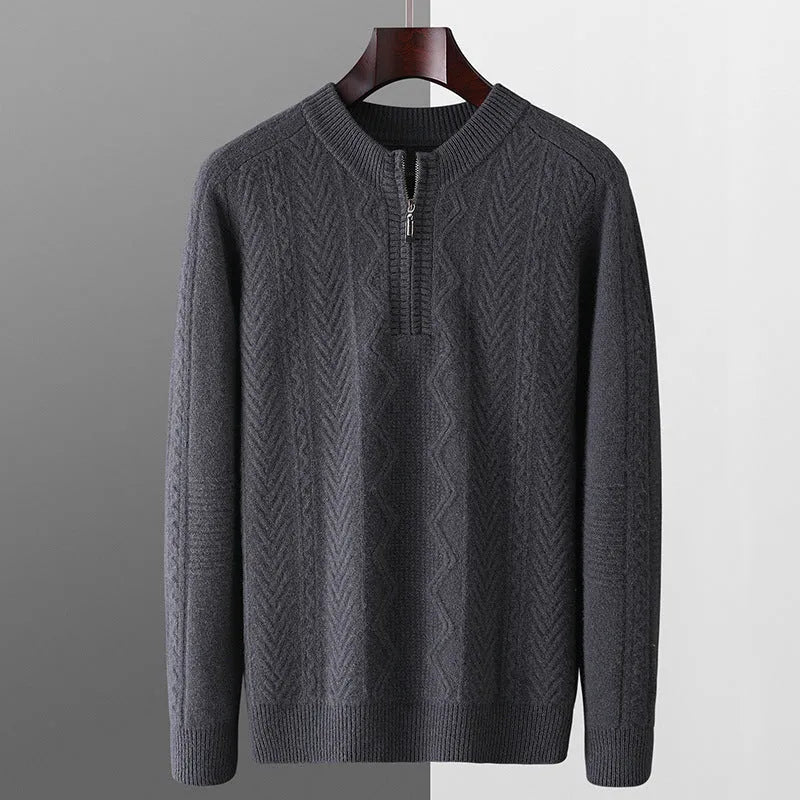 Men's diamond lattice pattern wool sweater with half zipper in dark blue colour